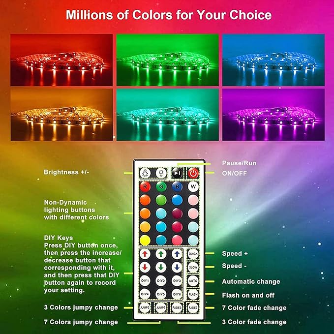 CHARKEE LED Lights for Bedroom 100 ft, Color Changing LED Strip Lights with 44-Key Remote, 24 Volt RGB SMD2835 Tape Lights for Bedroom, Room Decor, Indoor, IG, TikTok, DIY(44key Remote)