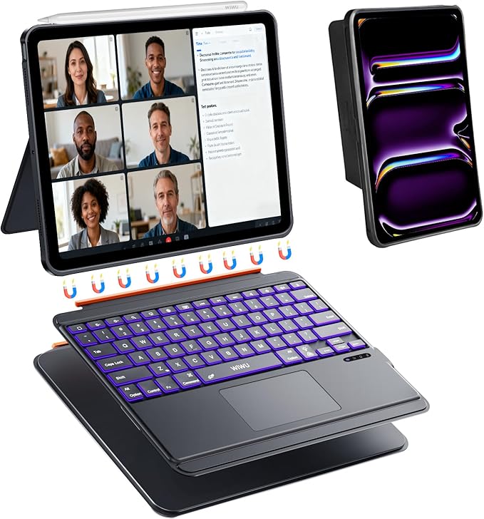 WIWU iPad Pro 13 inch Case with Keyboard M4/M5 2024/2025 Magnetic Detachable 3 in 1 Case Bluetooth Keyboard Adjustable Stand 7 Colors Backlit Keys with Trackpad (Black, iPad Pro 13"(M4/M5 2024/2025))