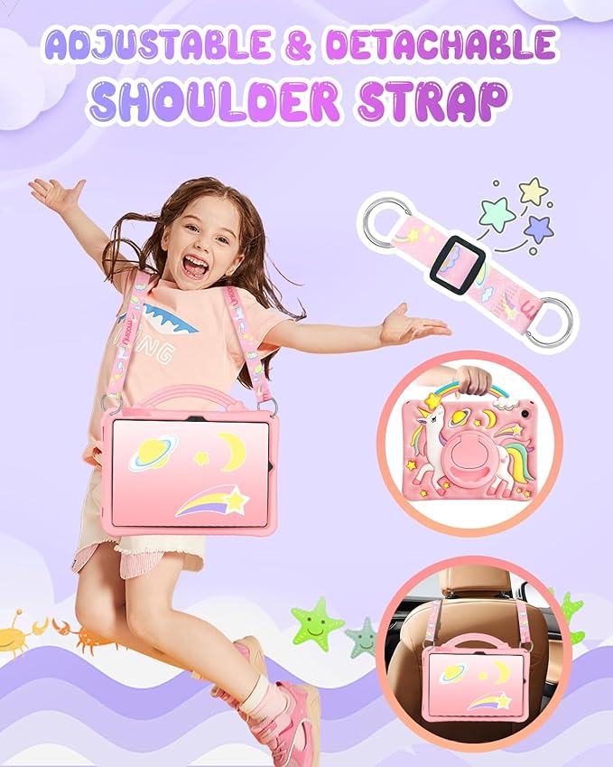Boaretiu for Samsung Galaxy Tab A9 Plus Case - Cute Cartoon Unicorn Soft 3D Silicone Case with Strap & Rotating Stand for Girls Teens Tablet Cover for Samsung Tab A9+