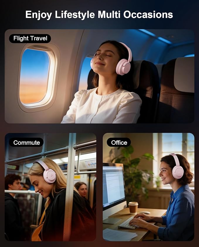 Hybrid Active Noise Cancelling Headphones, Over-Ear Bluetooth Headphone with Hi-Res Audio, 60H Playtime, Deep Bass, Transparency Mode, Foldable Comfort Ear Cups, Ideal gift for Travel Office - Pink