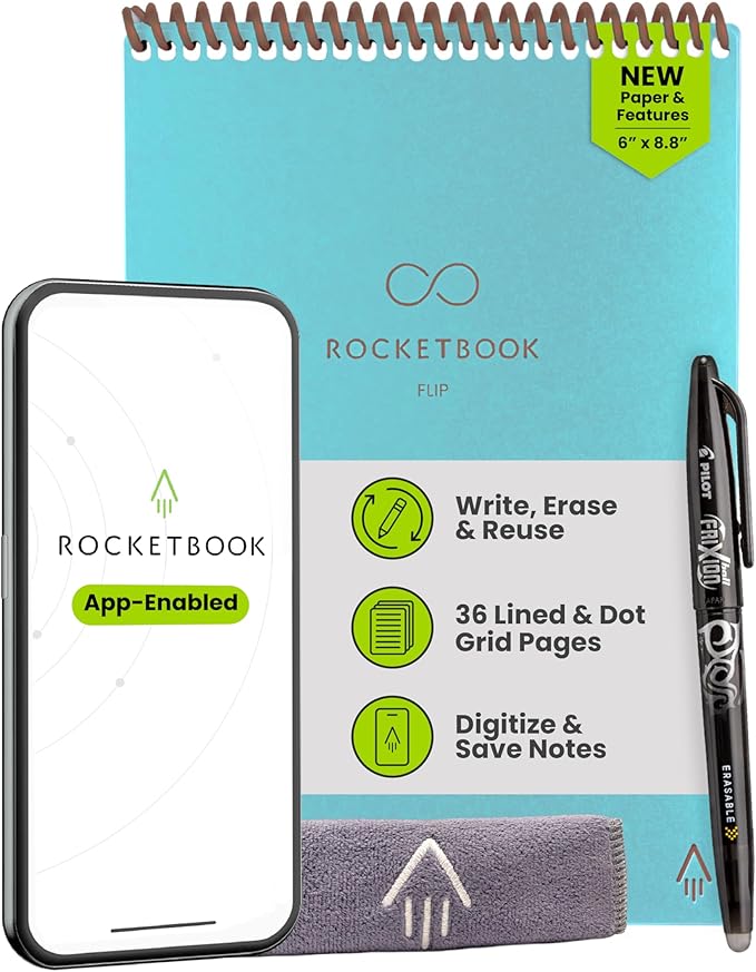 Rocketbook Flip Reusable Smart Notepad, Top Bound Spiral Notebook Lined and Dotted Pages Executive Size 6x8.8, Premium, Teal (Pack of 1)