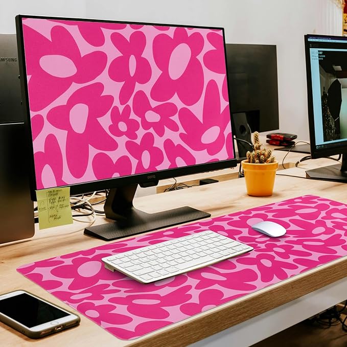 L-SPOUTTO Pink Gaming Mouse Pad Large Desk Mat XXL Mouse Pad Non-Slip Rubber Base Keyboard Pad Waterproof Desktop Mat for Laptop Computer Work Game Home Office-Hot Pink Daisy