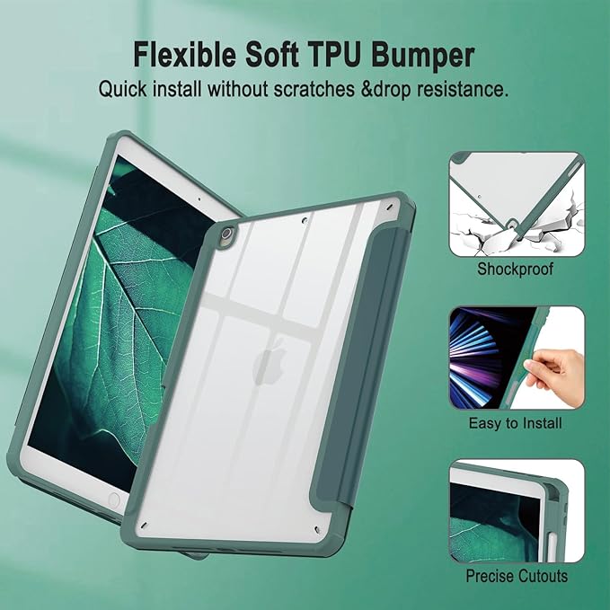 Case Compatible with iPad Air 3rd Generation, iPad Pro 10.5 inch 2017 Case with Pencil Holder, Stand Clear Back Cover for Air 3rd Gen 10.5" 2019, Auto Sleep/Wake, Dark Green