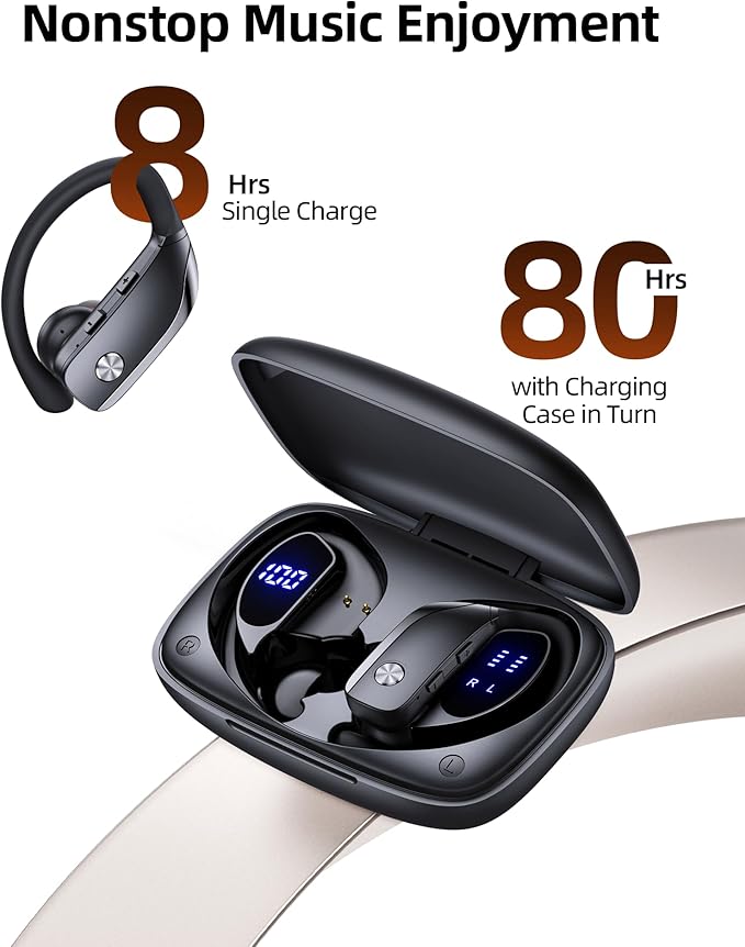 bmanl Wireless Earbuds Bluetooth Headphones Over Ear Hooks Ear Buds with 80H Playtime, LED Power Display, Dual Mic Clear Calls, Sports Wireless Ear Buds Bluetooth Earbuds for Running Gym Workout Black