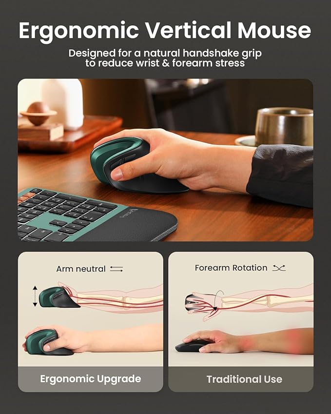 ProtoArc Ergonomic Mouse, EM11 NL Bluetooth Rechargeable Wireless Vertical Mouse, 3 Multi-Device Connectivity for Computer/PC/Laptop, 2.4GHz USB-A Optical Mice for Windows, Mac OS, Green
