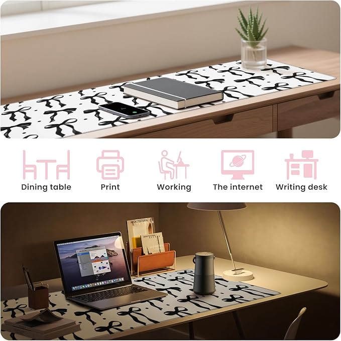 White Mouse Pad with Black Bows, Large Desk Mat Mouse Keyboard Mat for Computer Laptop Non-Slip Rubber Base, Cute Bow Office Mat Girly Desktop Accessories Office Supplies for Girls Women 31.5 x 11.8