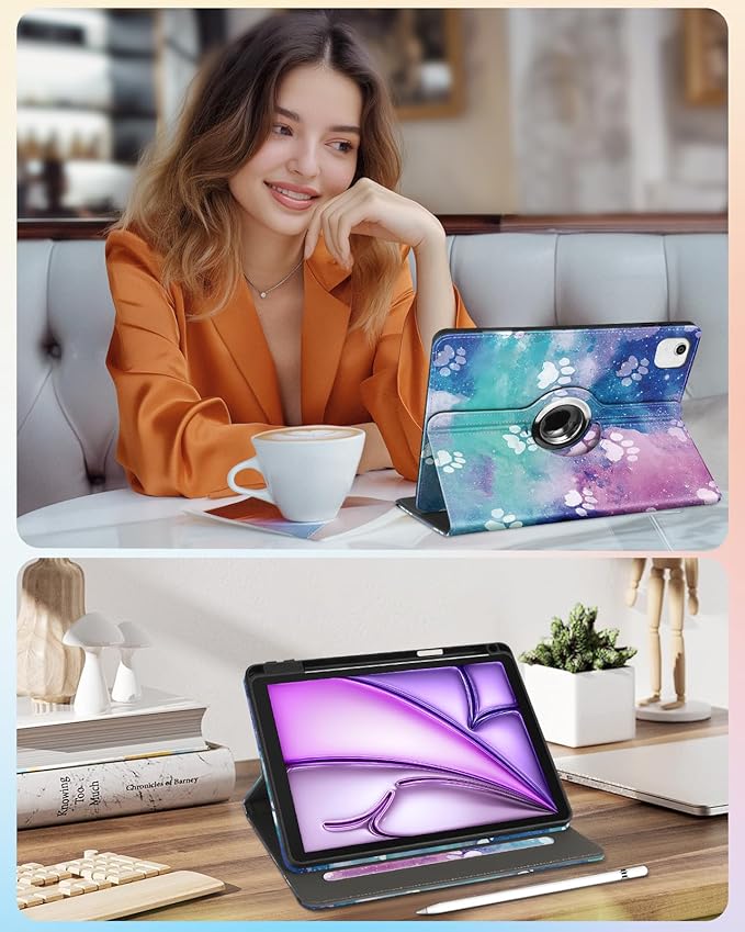 Kidcube for iPad Air 13 Inch Case (M3/M2)/for iPad Pro 12.9 Cases 6th/5th (2022/2021) - Women Girls Cute Rotating Stand Folio Cover with Pencil Holder & Card Slot Design Kawaii Cartoon Cool Dog Cover