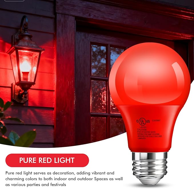 TJOY LED Red Light Bulb, Red Colored Light Bulbs Outdoor, A19 60 Watt Equivalent, 5W E26 Base Lightbulb for Christmas Porch Indoor Party Bedroom Decoration, Non-Dimmable, 4 Pack