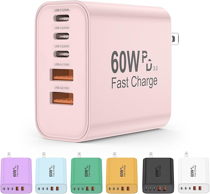 USB C Charger Block, 60W 5 in 1 Charging Blocks, PD 3.0 Fast Charger, QC 2A Pink Wall Plug Multiport Type C Charging Block for iPhone 17 16 15 14 13 12 Pro Max, iPad, iPod, Samsung, AirPods Pro