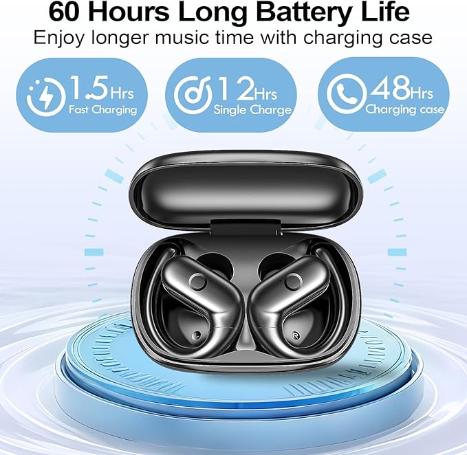 xiwxi Wireless Earbuds Bluetooth Headphones,Over Ear Buds for Sport with Deep Bass Sound,60Hrs Playtime Earphones Designed Comfort Fit with Earhooks for Running,Meeting,Workout-Black