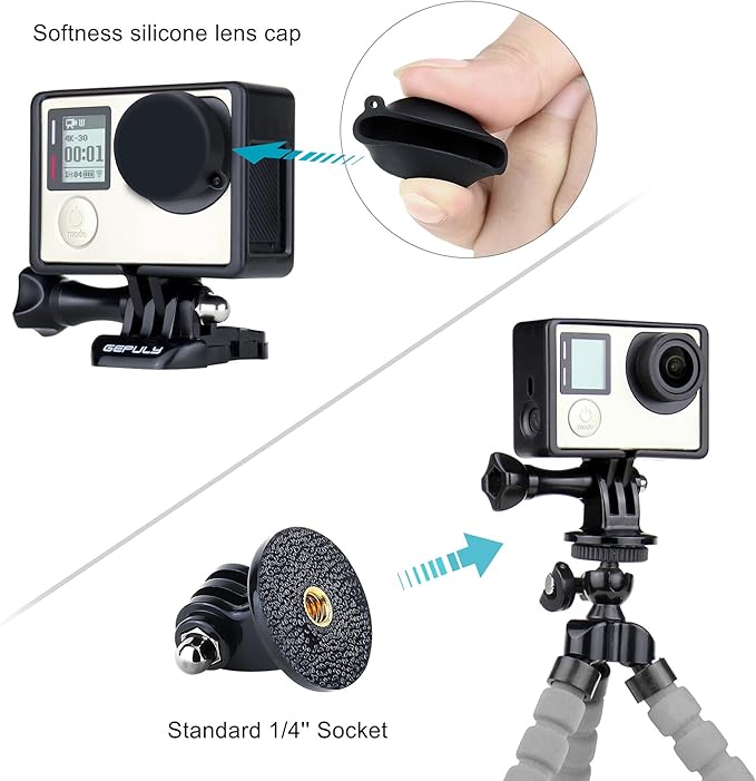GEPULY Frame Mount Protective Housing Case with Bracket Accessories and Lens Cap for GoPro Hero 3, Hero3+, Hero 4 Black Silver Cameras