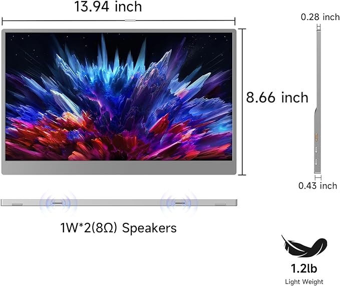 qaf 15.6 Inch Portable Monitor 1080P USB-C HDMI Display, Ultra-Thin IPS Screen, 100% sRGB, Travel Second Monitor for Laptop Mac PC Phone PS5 Xbox, Built-in Speakers, Space Gray