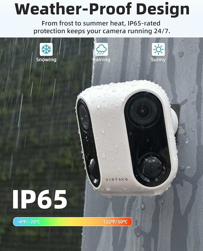 VIRTAVO Solar Security Camera Outdoor Wireless, Dual Lens Camera with Free AI Detection, Color & IR Night Vision, Optional Cloud & Local Storage, No Subscription, IP65, 2.4GHz WiFi
