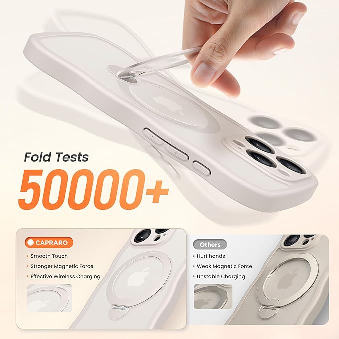 CAPRARO for iPhone 14 Pro Case with 360° Spin Magnetic Stand for Women, [Compatible with MagSafe] [Full Camera Protection] Cute Wave Translucent Matte Case for iPhone 14 Pro,Stone