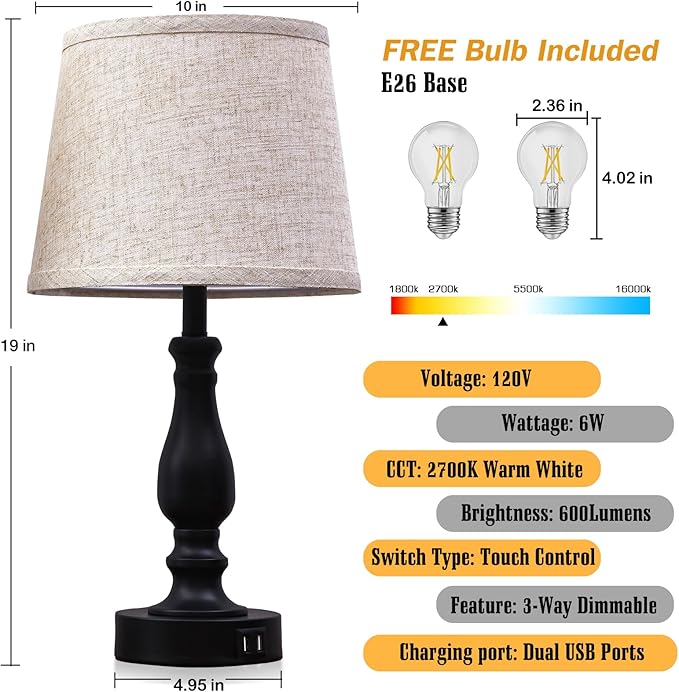 EJIAXIN Table Lamps Set of 2, Bedside Nightstand Lamps with USB Charging Ports,Dimmable Touch with Linen Fabric Lampshade, Modern Small Lamp for Bedrooms, Living Room (Bulbs Included)