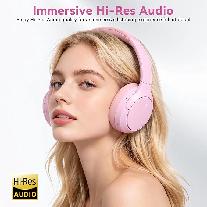 Hybrid ANC Wireless Over-Ear Headphones, 100H Playtime, Hi-Res Audio, Bluetooth 6.0, Multi-Mode Noise Cancellation, Comfort Fit, iOS & Android Compatible, Foldable Design, Travel-Friendly (Pink)