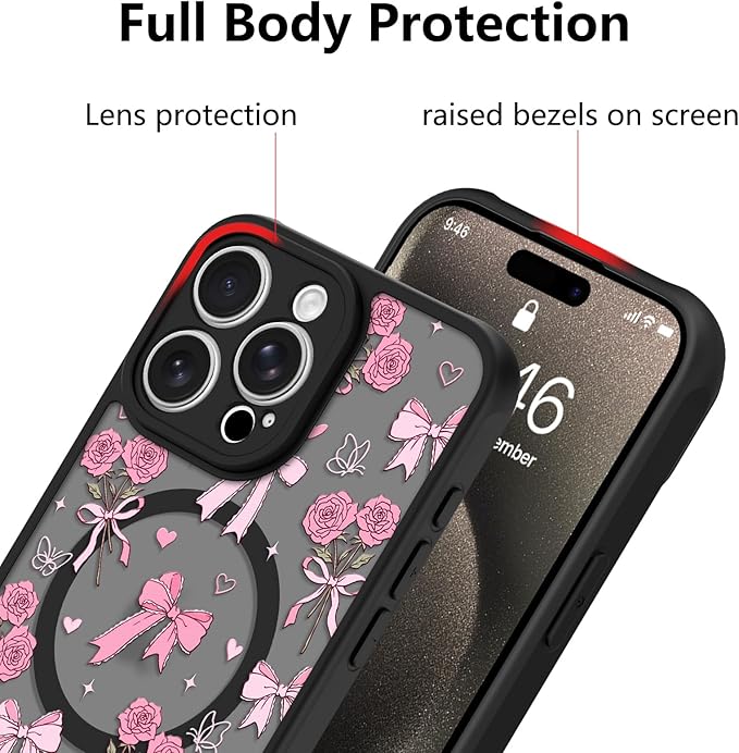 KANGHAR Case Compatible with iPhone 15 Pro Max Bows Bouquet Pattern [Compatible with Magsafe] Cute Flowers Florals Protective Magnetic Case for Girls Women Men