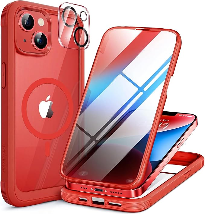 Miracase Magnetic for iPhone 14 Case 6.1", [Built-in Tempered Glass Screen Protector + Lens Protector] [Compatible with MagSafe] Full-Body Protective Bumper 14 Phone Cover, Red