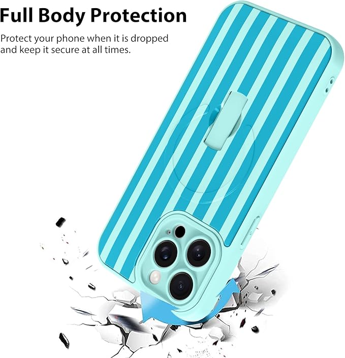 KANGHAR Compatible with iPhone 15 Pro Case, Support for MagSafe, Silicone Stripes Cute Pattern, Wristband Kickstand Camera Protection Soft Slim Cover for Girls Women -Blue