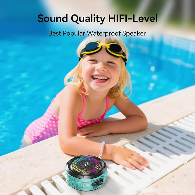 Shower Speaker, Certified IPX7 Waterproof,Portable Bluetooth Speaker with Suction Cup,Hook,Light, Stocking Stuffers, Premium Mini Outdoor Wireless Speaker, Ideal Gift for Christmas (Blue)