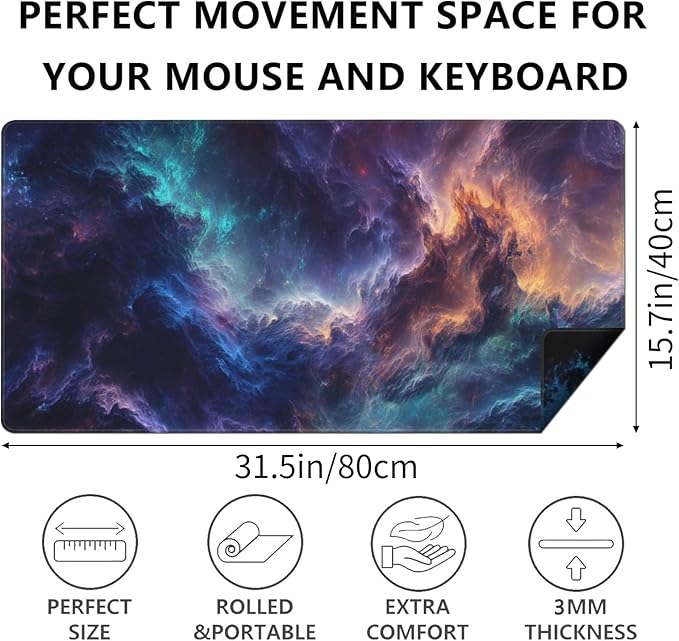 AQQA Gaming Mouse Pad, Large Dual-Sided Mousepad, Keyboard Mouse Mat, Desk Pad with Stitched Edges for Office Home and Game, 31.5x15.7inch, Dazzling Galaxy