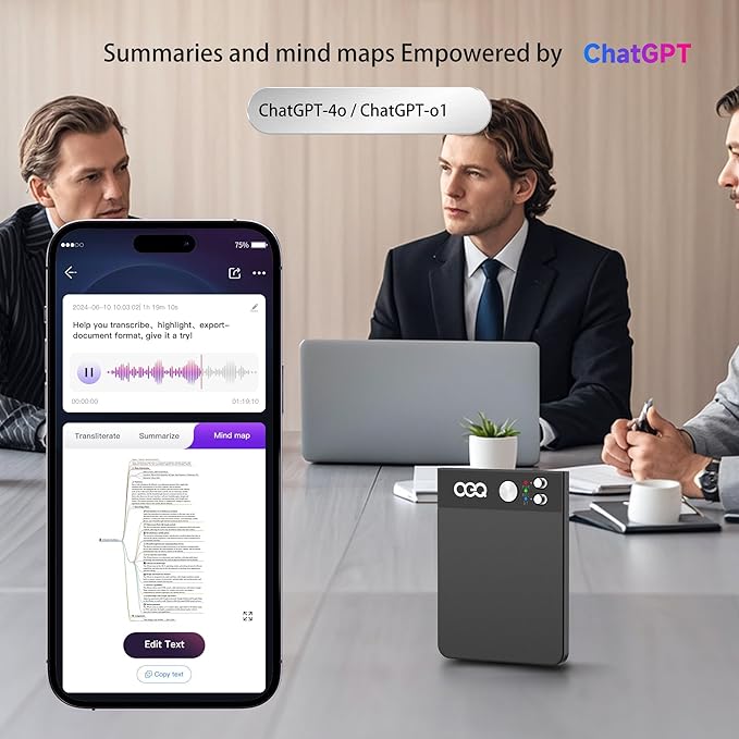AI Voice Recorder with Simultaneous Interpretation & Real-timeTranscription,64GB AI Speech Processor Powered by ChatGPT with App Control for Business/Education/Interviews,Black