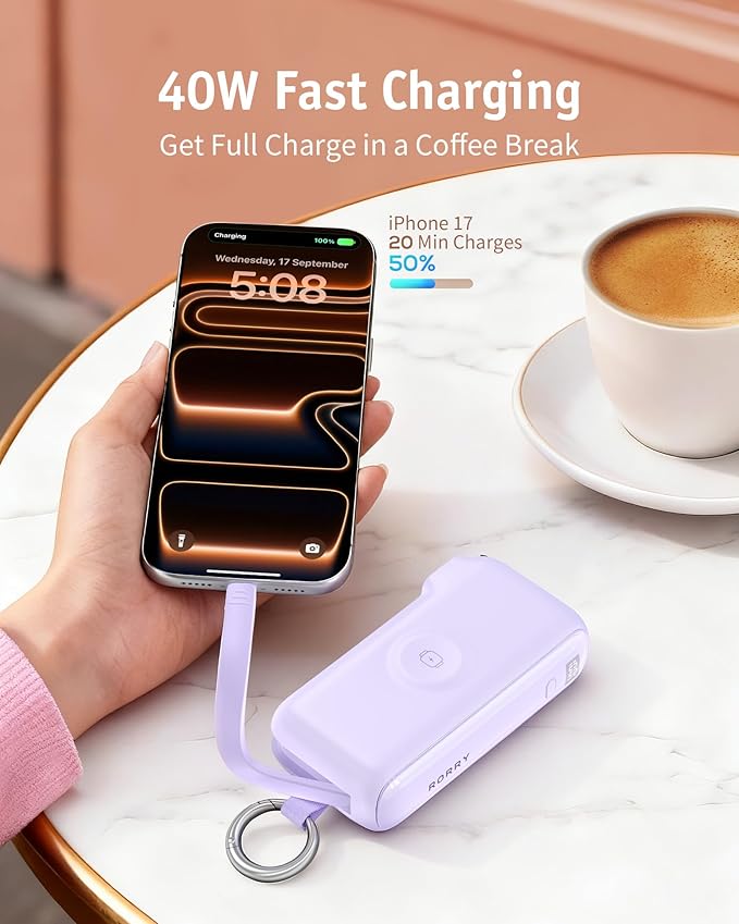 RORRY Flow Portable Charger, 10000mAh 40W Fast Charging Power Bank with Built-in USB C Cable and Foldable Wall Plug, Battery Pack Travel Essentials for iPhone 17/16/15, Apple Watch, iPad, MacBook