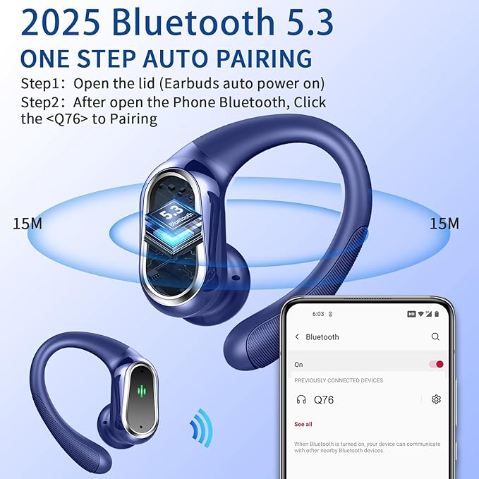 Wireless Earbuds, 2026 Bluetooth 5.4 Headphones Sport, 50Hrs HiFi Stereo Deep Bass Over-Ear buds with ENC Noise Cancelling Mic, IP7 Waterproof & LED Display Earphones with Earhooks for Workout/Running