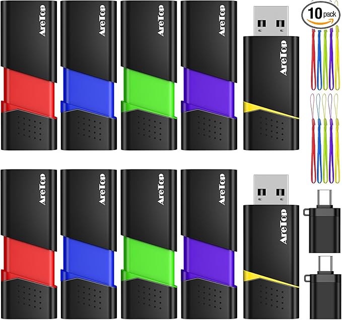 AreTop 8GB Flash Drive 10 Pack with Type C Adapter, Retractable USB 2.0 Thumb Drive USB Drive for Date Storage, Multicolor Jump Drive with LED Indicator, 8GB 10 Pack (Red, Green, Blue, Purple, Yellow)