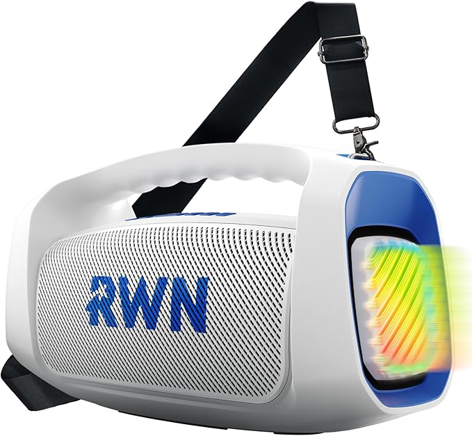 RWN Outdoor Bluetooth Speaker: 160W Loud Sound, IP67 Waterproof with 24H Playtime, Fast Charge, Bass, TWS, Portable Wireless Speakers with Light Show for House, Party, Projector, Beach (Blue+White)