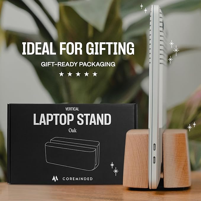 COREMINDED Adjustable Vertical Laptop Stand for Desk, Wooden Laptop Holder, MacBook Pro Stand, Wood Mac Air Dock (Solid Oak)