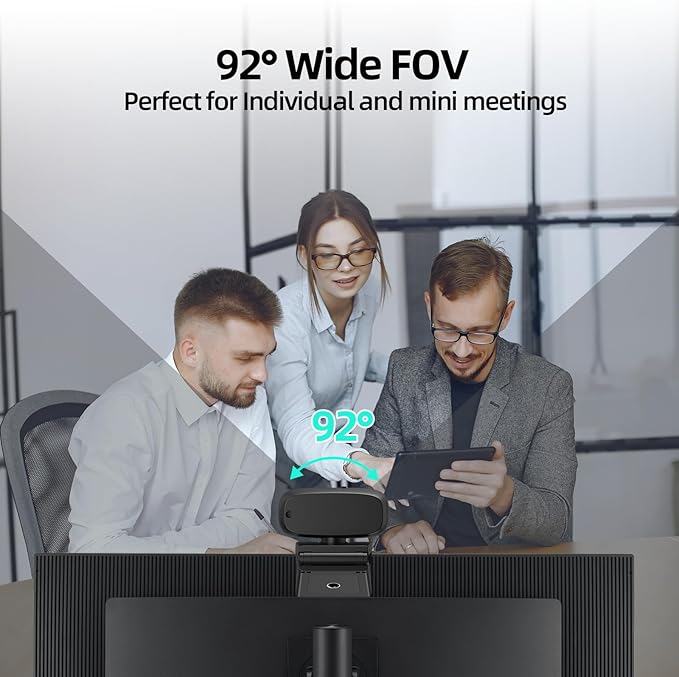 4K Webcam for PC, 1080P@60FPS, 4K Camera with Noise-reducing Microphone, 92°FOV, 8MP USB Webcam Plug and Play, Privacy Cover, Works Perfect for Meeting Platform Zoom/Teams/Skype/Google Meet