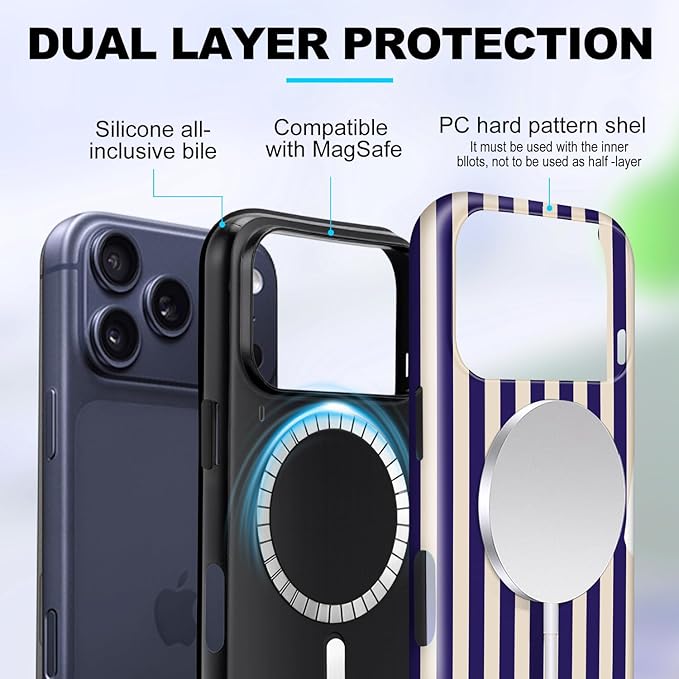 Magnetic for iPhone 17 Pro Max Case Cute Stripes Phone Case, Shockproof Slim TPU and Hard PC Protective Phone Cover Compatible with MagSafe Designed for Women Girls, Deep Purple