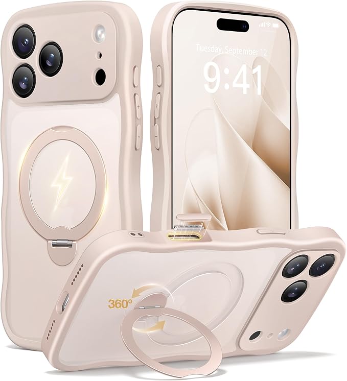CAPRARO for iPhone 17 Pro Case with 360° Spin Magnetic Stand for Women, [Compatible with MagSafe] [Full Camera Protection] Cute Wave Translucent Matte Case for iPhone 17 Pro, Rose Gold