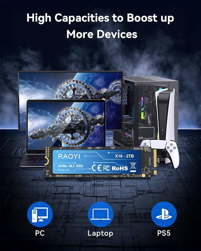 RAOYI 2TB NVMe Internal Solid State Drive M.2 2280 PCIe Gen4x4 SSD, Up to 5000MB/s, Configure SLC Cache, Storage and Memory Expansion for PS5 Laptop Desktop