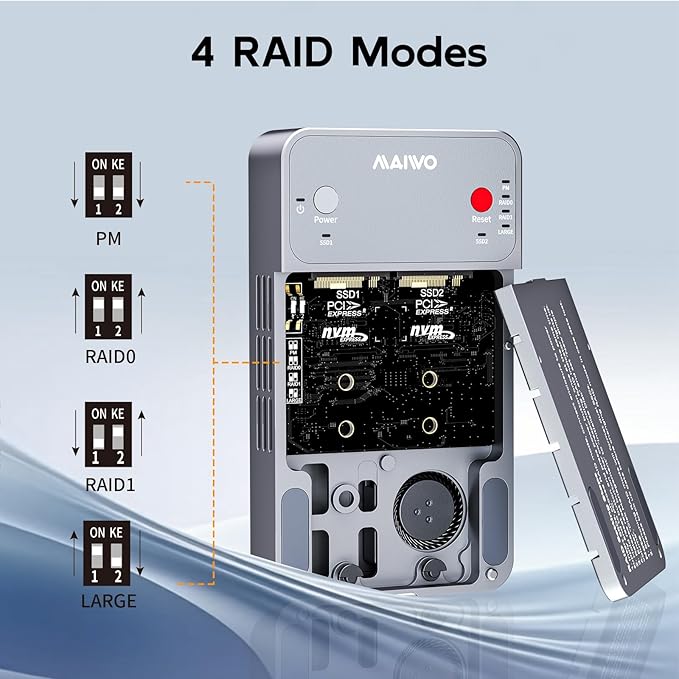 MAIWO RAID NVMe Enclosure USB3.2 GEN2x2 20Gbps, Dual Bay M.2 PCIe NVMe SSD Reader with RAID 0/1/PM/JBOD Cooling Fan, USB-C to C&A Dual Cables, 5V 3A Power Adapter, Aluminum