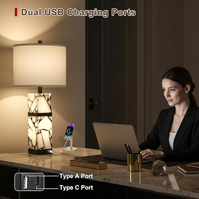 Scenekoy 27" Alabaster Table Lamps Set of 2 with Night Light for Living Room Bedroom, Nightstand Lamps with Linen Shade, Modern Bedroom Lamps with USB A+C Ports for Living Room Office (Bulb Included)