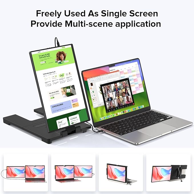 UPERFECT Laptop Screen Extender, 2K 14" 360°Unique Swivel Hinge w/ 180° Automatic Rotation, 2240x1400 QHD IPS Portable Monitor for 14"-17'' Laptops, Plug & Play with Mac, Wins, Dex (Only one Screen)
