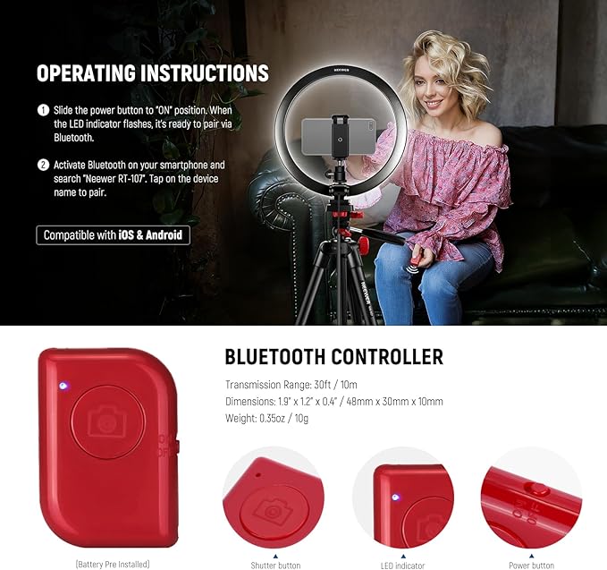NEEWER Basics 10" Selfie Ring Light with Tripod Stand/2 Phone Holders Compatible with iPhone/QR Plate, Dimmable LED Ringlight Lighting for YouTube TikTok Vlog Video Recording Makeup Streaming, RP10-H