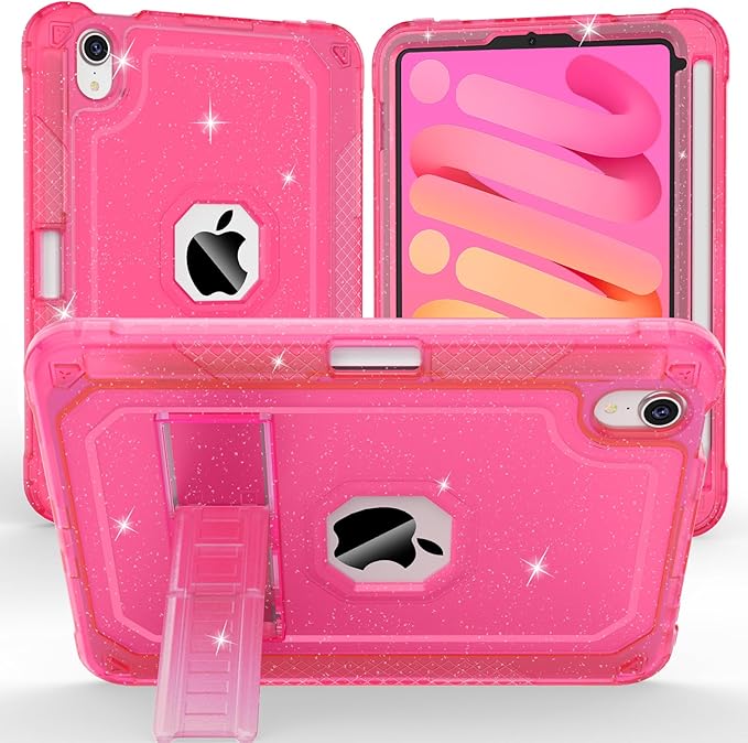 ZoneFoker Case for iPad mini A17 Pro, for iPad mini 7th/6th Generation Case 8.3 inch 2024/2021 with Pencil Holder/Stand, Slim Cover for i Pad Mini 7/6 (Translucent Glitter Hot Pink)
