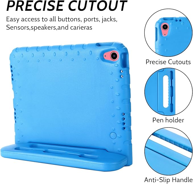 Dteck Kids Case for iPad 10th Gen 10.9" with Pencil Holder, Shockproof Rugged EVA Handle Stand Child Proof Case, Blue