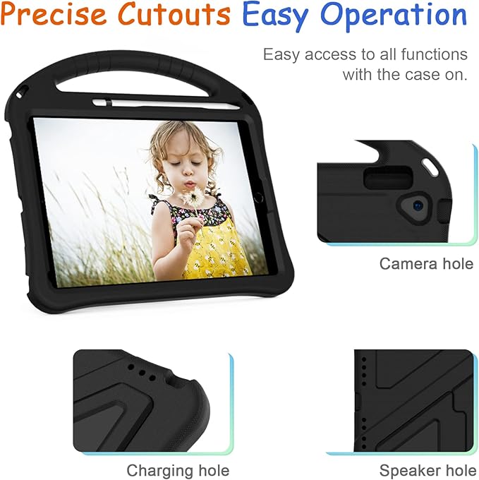 Kids Case for iPad 7th 8th 9th Gen/Air 3rd Gen/Pro 10.5", Techcircle Lightweight Shockproof EVA Foam Rugged Handle Stand Anti-Slip Grip Protective Case with Pencil Holder, Black