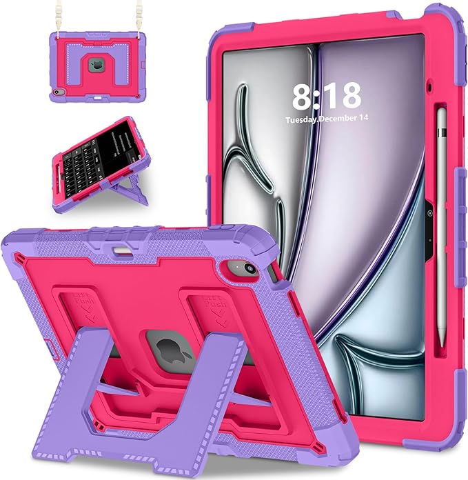 Kids Friendly Case for iPad Air 13 Inch M4 M3 M2 2026/2025/2024 Case with Pencil Holder & Shoulder Strap, Military Grade Shockproof Kickstand Hard Shell Protective Cover,Rose+Purple