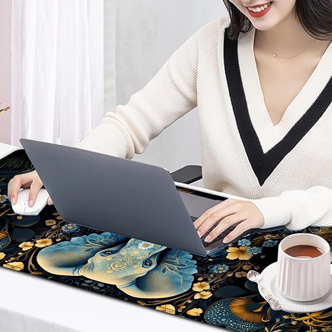 Large Mouse Pad, 31.5 x 11.8in Extended Gaming Mouse Pad with Stitched Edges, XXL Mousepad Protector Non Slip Rubber Base for Office Home Writing Mat,Flowers Ornate Elephant Pattern Black Desk Mat