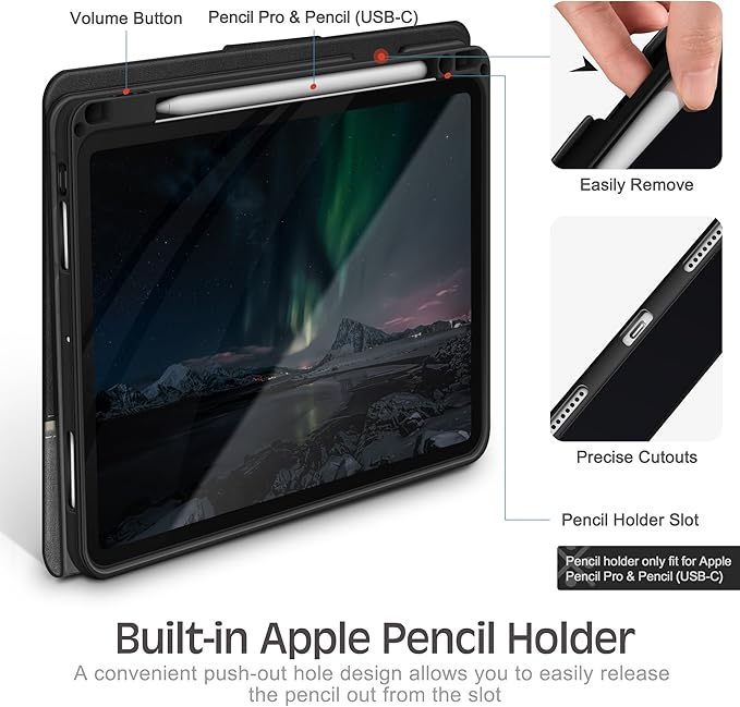 KingBlanc Case for iPad Pro 11 inch (M5 2025/M4 2024) with Pencil Holder, Vegan Leather Smart Stand Cover, Auto Sleep Wake, Support Pencil Pro/(USB-C), Viewing/Typing Angle, Durable Protection, Black