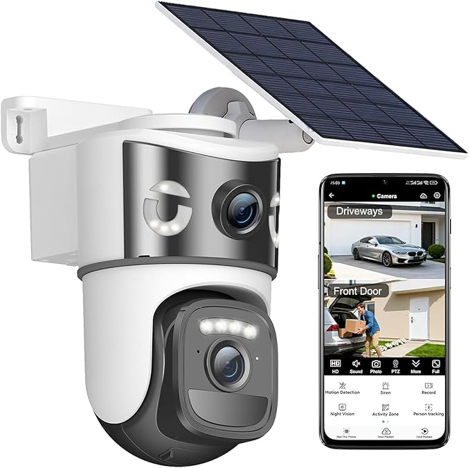 Dual Lens Security Cameras Wireless Outdoor, Solar-Powered Home Security Camera with 6MP Color Night Vision, 2-Way Audio, PIR Motion Alarm, 5GHz/2.4Hz WiFi, Spotlight Siren, Waterproof
