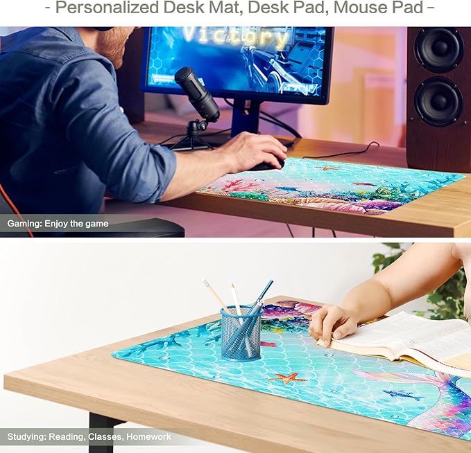 Ocean Mermaid Mouse Pad Desk Mat, Magic Mermaid Large Gaming Mouse Pad Fish Tail Anime Desk Pad Mousepad XXL Extended Keyboard Mat Mouse Mat, Waterproof, 31.5x15.7 in
