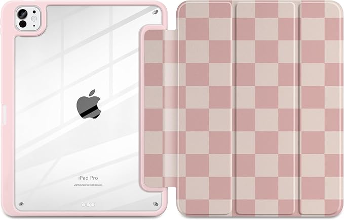 Case for iPad Pro 13 inch (M5) 2025 (M4) 2024 Release with Pencil Holder - Aesthetic Cute Preppy Design Trifold Cover with Soft TPU Bumper Clear Back Auto Sleep/Wake for Girls Women, Lattice