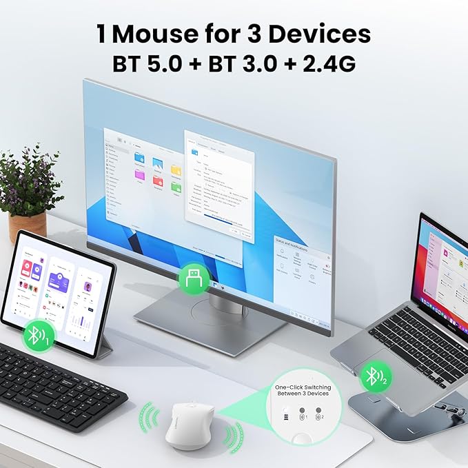 TECKNET Rechargeable Bluetooth Mouse, [ USB + BT5.0 + BT3.0 ] Wireless Mouse, Ergonomic Design, Silent Click, 6-Level 4800 DPI Wireless Mice, 3-Device Switching for Laptop, Computer, MacBook（White）