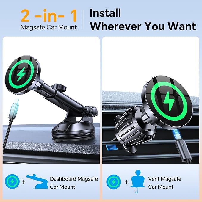 Coolpow for MagSafe Car Mount Charger【Ultra Magnet】Magnetic Phone Holders for Your Car Charger Magnetic Wireless Car Phone Holder Charger Car Accessories Mothers Gifts for iPhone 17 16 15 Speakerphone